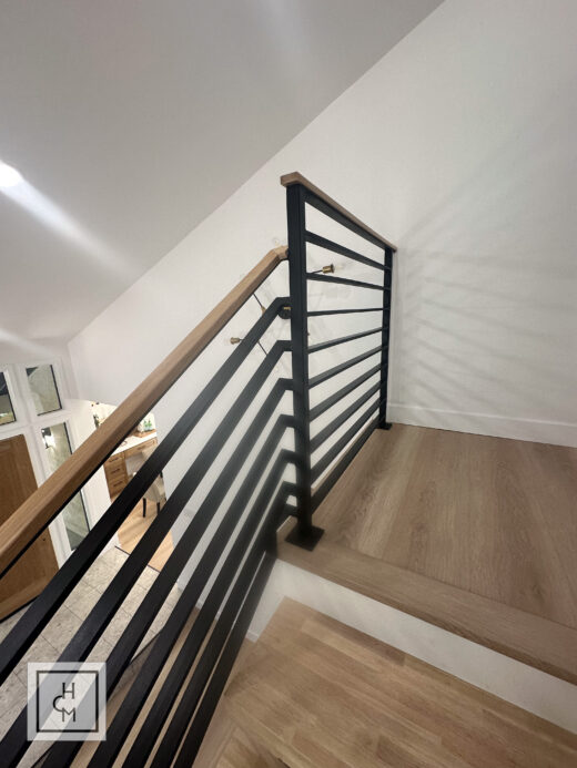 Modern Minimal Horizontal Custom Stair Railings with wood handcap
